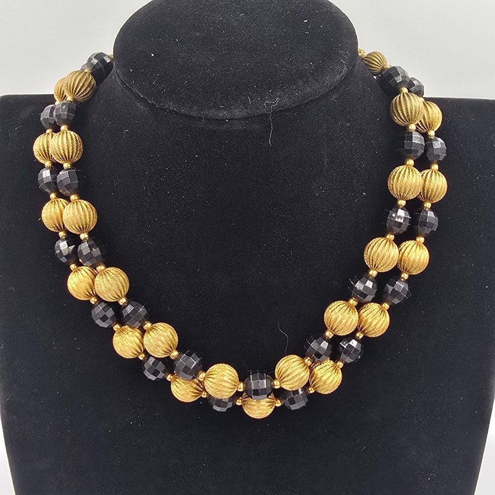 Vintage Black and Gold tone Bead Necklace Double Strand Faceted Classic Dressy - Picture 2 of 9
